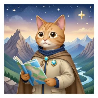 Explorer cat holding a map, mountains and stars in background, wearing light explorer clothing with flowing cloak, looking into distance sticker