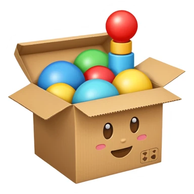 cardboard box with toys, sticker