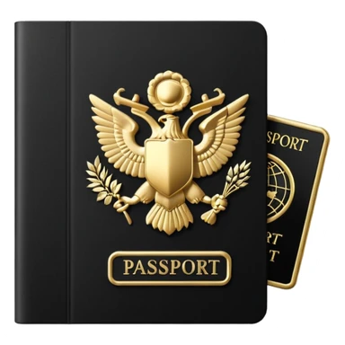 Minimal emoji icon of a black passport, matte cover, simple gold emblem, clean lighting sticker