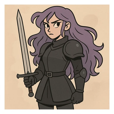 A mysterious warrior girl with flowing purple hair, dressed in black armor, standing with a sword, anime-inspired style. sticker