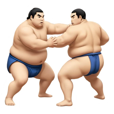 Two sumo wrestlers in a classic dohyo ring, each displaying powerful stances and ready to engage in a fierce match. One wrestler attempts a pushing attack, while the other counters with a thrust. The background shows the traditional sumo arena and spectators. Transparent background highlights the intensity and tradition of sumo wrestling. sticker