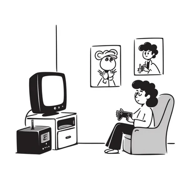 A retro gamer room with pixel posters and a console hooked to a tube TV sticker