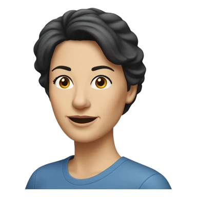 A head and shoulders shot of a 50 year old caucasian woman with short black hair wearing a tshirt. sticker