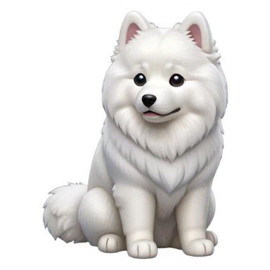 cinematic-[samoyed]-realistic-full-body-sitting-emoji,-tail-resting-loosely-beside-its-paws,-head-tilted-dramatically, -fluffy-[white]-fur,-simplified-yet-realistic-focused-features,-highly-detailed,-glowing-with-an-almost-sarcastic-glow sticker