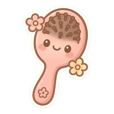 chibi sticker-style hairbrush with a pink handle, floral details, girly, cute and exaggerated sticker