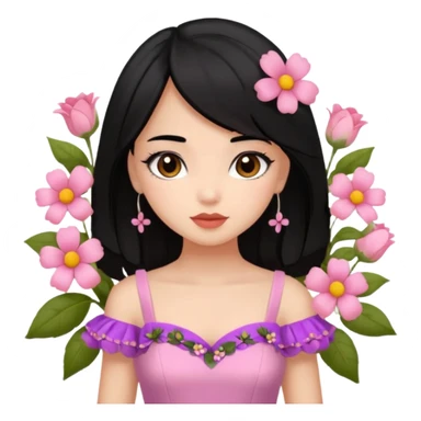 Pretty cute girl wearing a coquette dress, black hair with cute flowers, brown eyed sticker