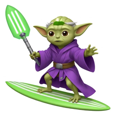 yoda in a purple robe surfing in a rocket sticker