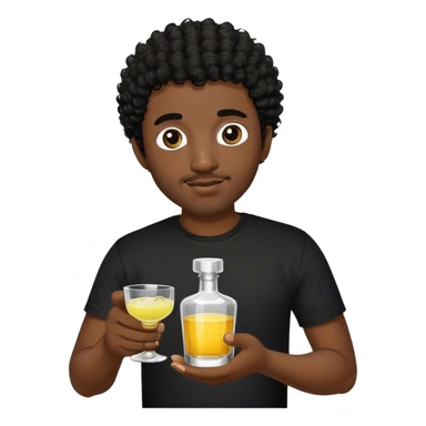 dark black guy, short black curly hair, short facial hair, holding tequila, black shirt  sticker