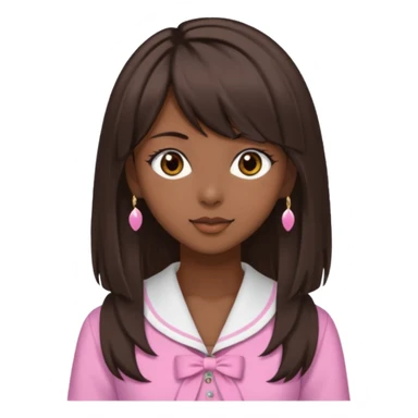 Dark skin, light skin, brown eyes, medium dark brown hair, side bangs, and wears a gyaru outfit  sticker