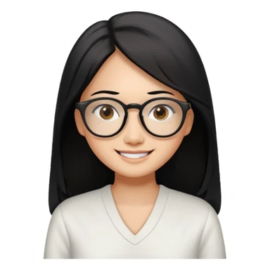 medium tan asian woman with long black hair past middle of back, round brown eyes, white v neck blouse. she has black thick frame rectangle shape glasses on and smiling with no teeth sticker