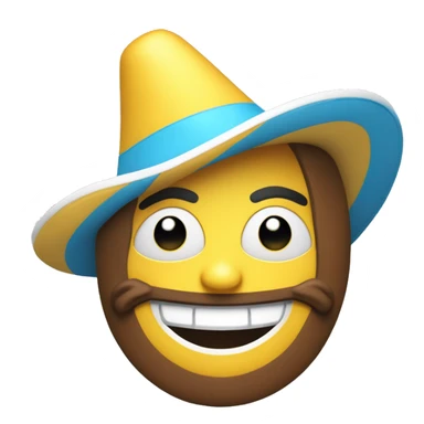 emoji amarillo  sonriente con sombrero de arlequin celeste y blanco sticker