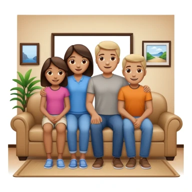 family posing for photo, living room background sticker