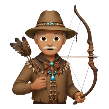 The classic image of a middle-aged uncle hunter carrying a bow, dressed in brown clothes, with some ornaments made of feathers, bones or teeth on his body. sticker