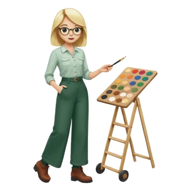 Fille blonde, pantalon ample vert foncé. Lunettes ronde fine. Bottines marrons. Elle pousse une palette remplie de chaussettes  sticker