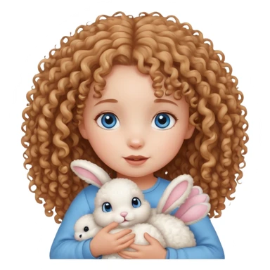 Curly haired girl toddler with blue eyes holding a bunny sticker