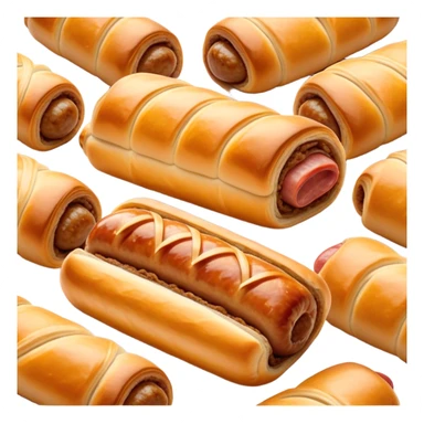 Cinematic Realistic Sausage Roll Dish Emoji, depicted with a crisp, golden pastry wrapped around flavorful sausage, rendered with detailed textures and appetizing lighting. sticker