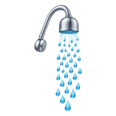 "A clean emoji icon of a silver shower head running with blue water falling downward in streams and steam wisps rising, minimal flat design, bright and refreshing colors, transparent background" sticker