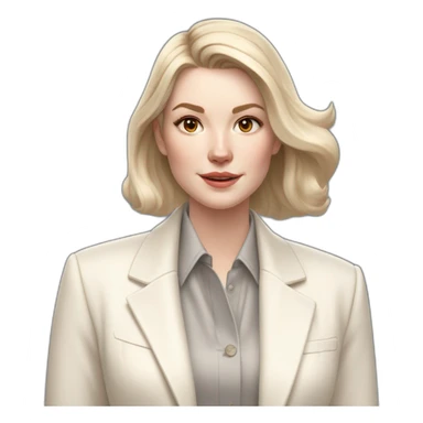 pale skin woman with ash blonde Straightened bob Hair, White Spacious classical jacket, beige palazzo Arrow pants and gray blouse holding white IPhone 15 pro in the hands sticker