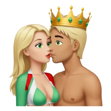 Blonde Queen Green eyes with crown in Bikini kissing Male subject dark Hair sticker
