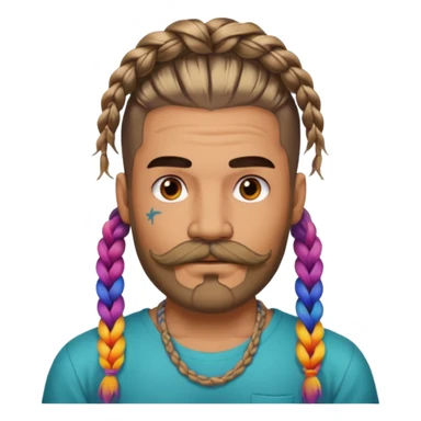 big lose braids starting from the top sides of the head hair like a unicorn man with mustache face wiith big visible loose only two braids and lots and lots of colored face tattoos colored tattoos like a tattoo artist hair unique color and beard sticker