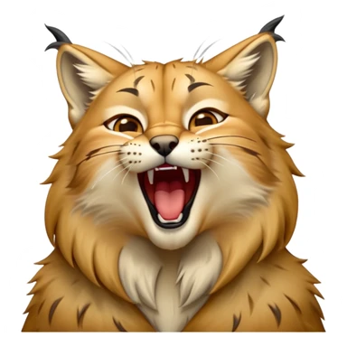 Cinematic-detailed-Yawning-Lynx-Portrait-Emoji – Head tilted slightly with a dramatic, wide-open yawn, revealing a sleek golden-brown fur coat with subtle spots, signature black ear tufts standing tall, round amber eyes barely open in drowsy contentment zoomed out to show the shoulders sticker