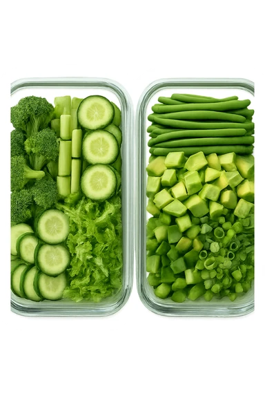 verdure tagliate e sistemate in due schiscette di vetro viste dall'alto, iperrealistico 4k sticker