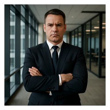 a dominant man in a business setting, confident posture, wearing a suit and tie, modern office background, professional and powerful atmosphere sticker