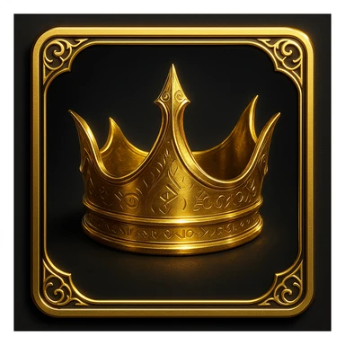 elegant gold crown with sleek curved design, intricate fantasy details, subtle glowing gemstones, encased in a Magic: The Gathering inspired card frame with metallic polish, ornamental corners, arcane motifs, faint glowing frame, dark background, clean iconic look, suitable for competitive Magic/Commander league logo or emoji sticker