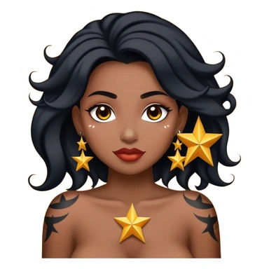 quero uma imagem de uma garota com cabelos longos e cacheados, em uma coloração escura. pele morena, mas não tanto, piercing no septo, boca um pouco carnuda, sobrancelhas um pouco finas, uma roupa preta e uma tatuagem de estrela no ombro  sticker