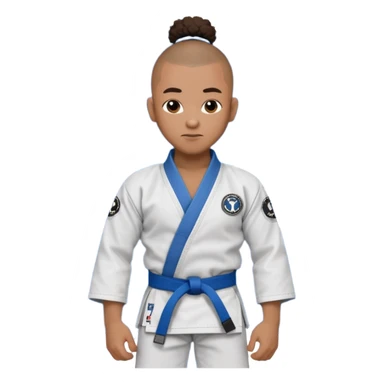 black karate instructor with pony tail afro hair and shaved bald sides haircut, Make the hair brown and the belt blue. Add the roger Gracie academy logo on the go also and the p logo of progress jiu jitsu on the right arm sleeve  at the top sticker