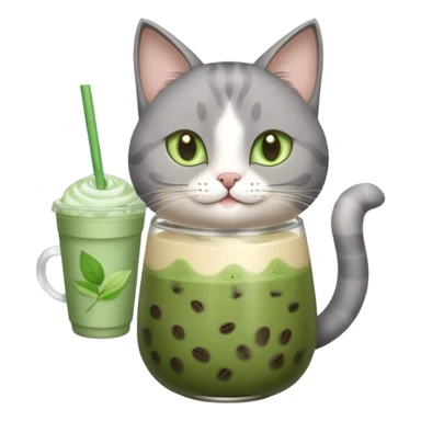 Happy gray Cat holding in its front two paws an iced matcha latte sticker