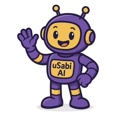 friendly mascot character inspired by the name 'uSabi AI', playful techy look, main colors purple and yellow, modern approachable style suitable for a tech brand sticker