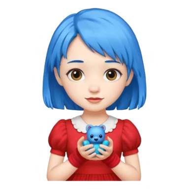 blue haired red wearing girl with small toy sticker