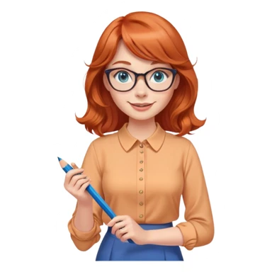 smiling redheaded woman with long wavy hair and bangs, blue eyes, cat-eye glasses, pencil skirt, apricot blouse, holding a pencil sticker