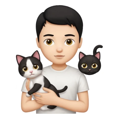 generate a pretty bratz emoji of a boy with black hair wearing a white tshirt and holding a cat in his right hand sticker