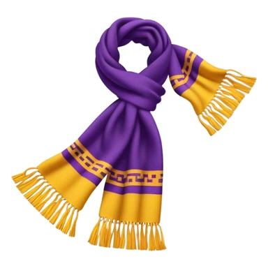 A standalone scarf with a bold purple and yellow pattern, cozy wool texture, fringed edges — no face, no background, just the scarf. sticker