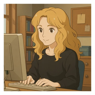 pretty brown-eyed blonde young woman with wavy hair, wearing a black sweater, working on a computer in a cozy office sticker