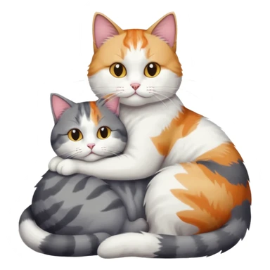 full body colourful light patched calico + white tabby cat cuddling a large grey and white cat  sticker