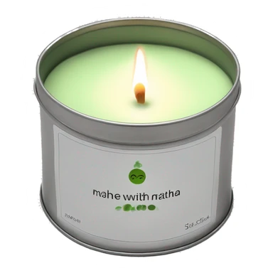 realistic short lit matcha candle, silver tin, small plain white label with black text sticker