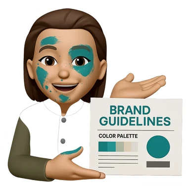 Edit the image to show her creating a color palette and brand guidelines, with visible traces of the color #0D8484 on her face. Keep the same style as the original image. Make the background transparent. sticker