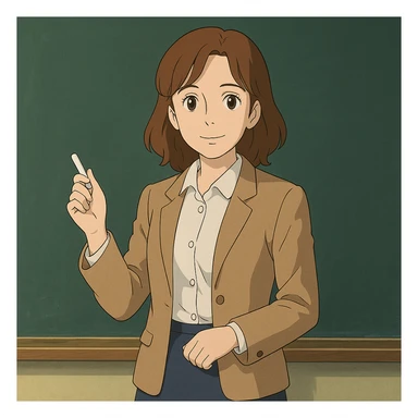 woman English teacher with brown hair, standing by a chalkboard, in ghibli style sticker