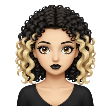 split dye leftside blonde rightside black-brown curly hair, baddie, pretty makeup, black eyeliner, long and curly hair sticker