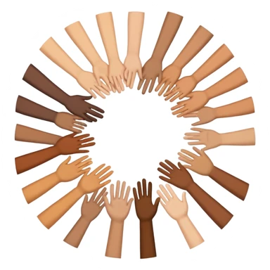 Emoji-style icon showing several diverse hands forming a circle or high-five together, symbolizing unity and team spirit. Flat minimal Apple-style emoji, bright colors, white background, soft shadows. sticker