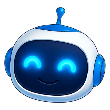 Robot head only, matching the style and colors of the reference robot (blue and white), head with normal shine, eyes extremely bright and glowing, cute and friendly expression, no background, in the style of the reference robot. sticker