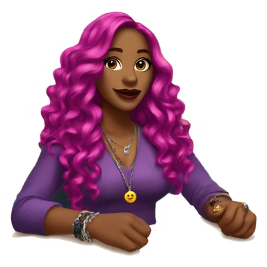 🧍🏾‍♀️💁🏾‍♀️✨ Long wavy magenta hair, glossy lips, stylish with jewelry and lanyard, posing confidently with a hand gesture, in a classroom setting.” sticker