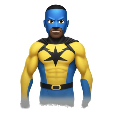 Superhero wearing a yellow and blue suit with black accents. He should have a distinctive yellow visor-style mask covering his eyes, shot black hair. heroic expression. sticker