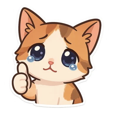 A kitten with tearful eyes, giving a thumbs up sticker