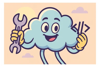 cartoon style illustration of a cloud with wrench and code brackets, playful colors, representing DevOps Cloud Engineer sticker