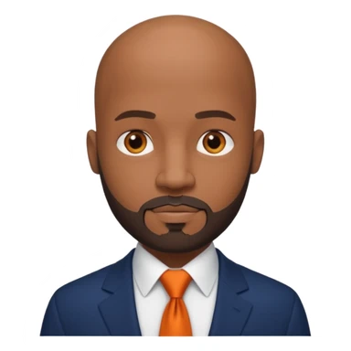 headshot of a sophisticated, stylish, bald head Caribbean black man with a beard and goatee in a navy blue suite, white shirt and dark orange tie sticker