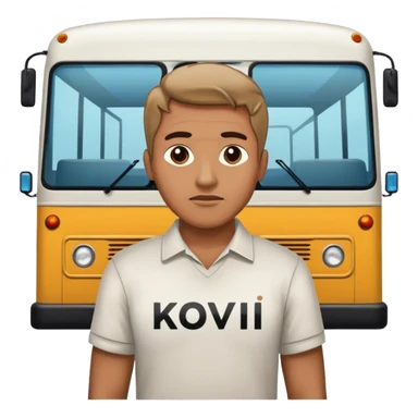 Guy standing next to a bus, facing backwards and had the name “Kovi” on the back of his shirt sticker